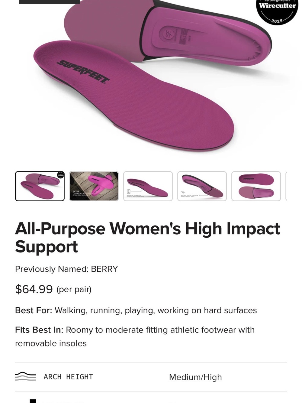 SUPERFEET All-Purpose Women's High Impact Support Insoles
